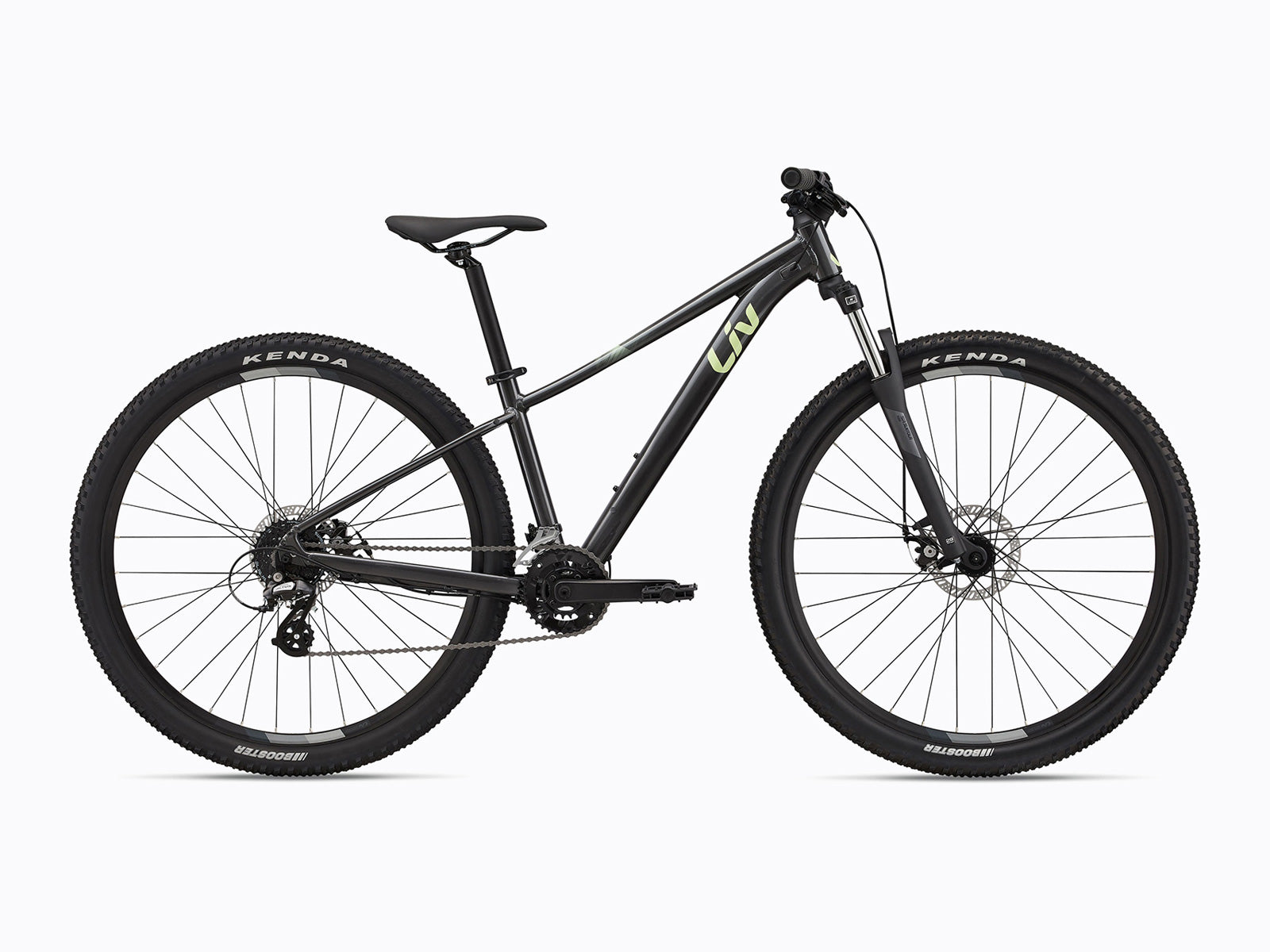 A mountain bike featuring a visible chain and chainring, showcasing its mechanical components and rugged design.
