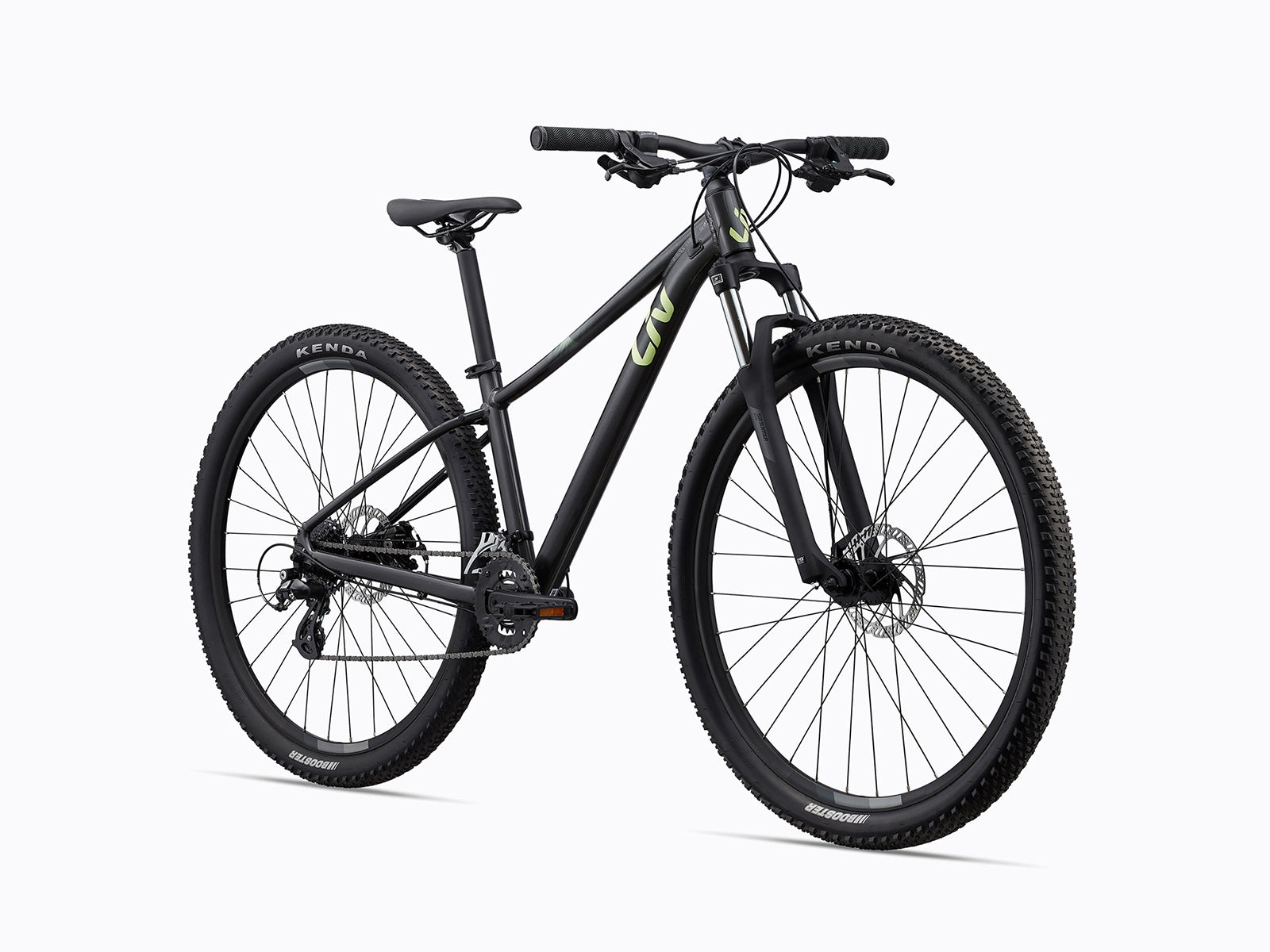 A mountain bike featuring a visible chain and chainring, showcasing its mechanical components and rugged design.