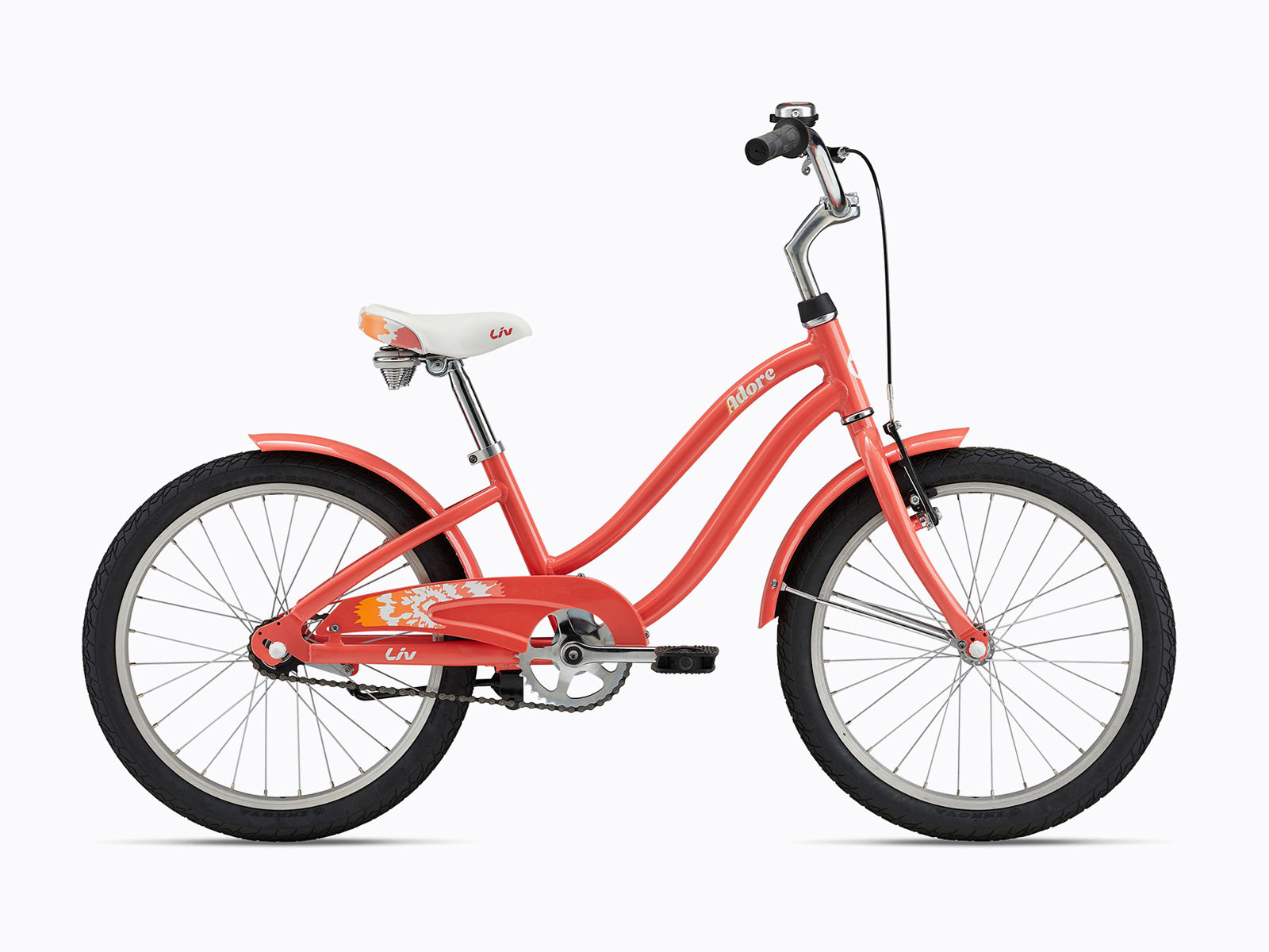 Detailed view of a bicycle with a striking orange frame, highlighting its structure and color.