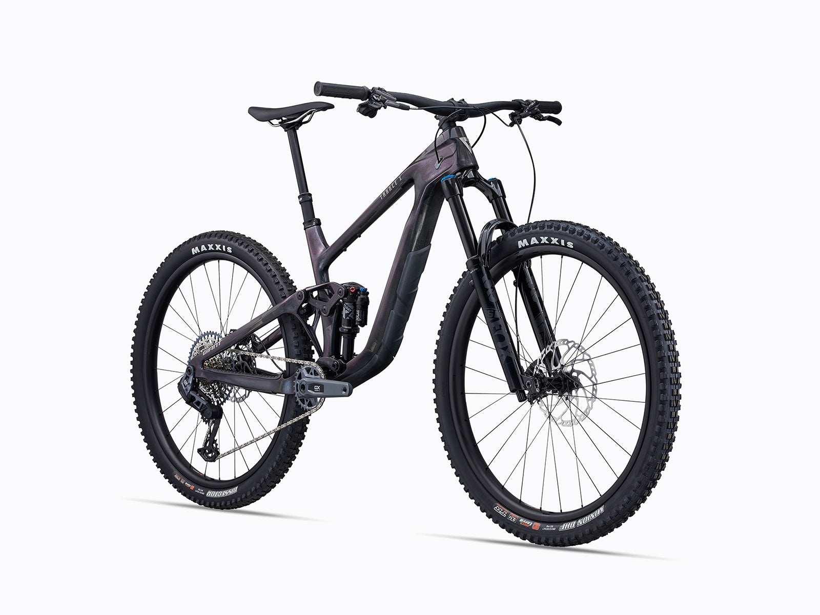Detailed view of a bicycle with a striking purple frame, highlighting its structure and color.