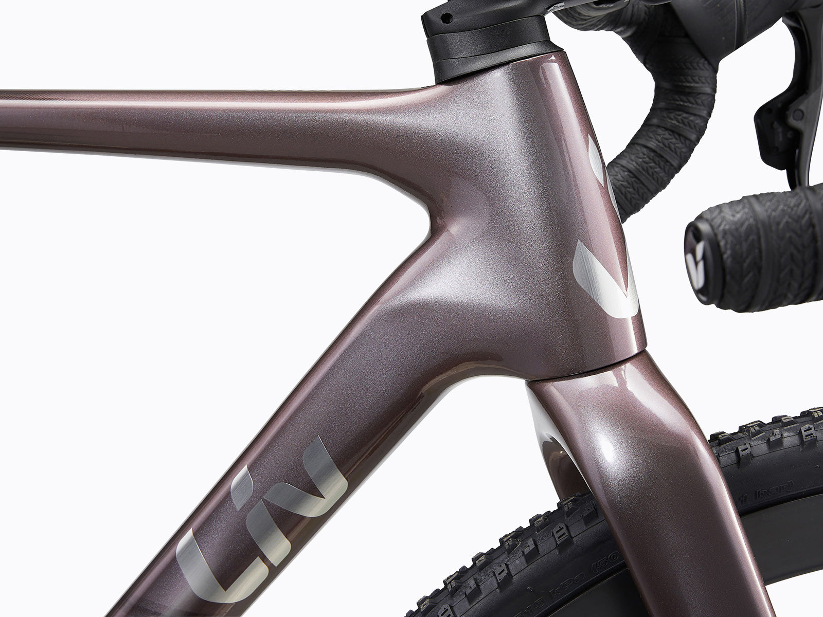 Close-up of a mountain bike's front end.