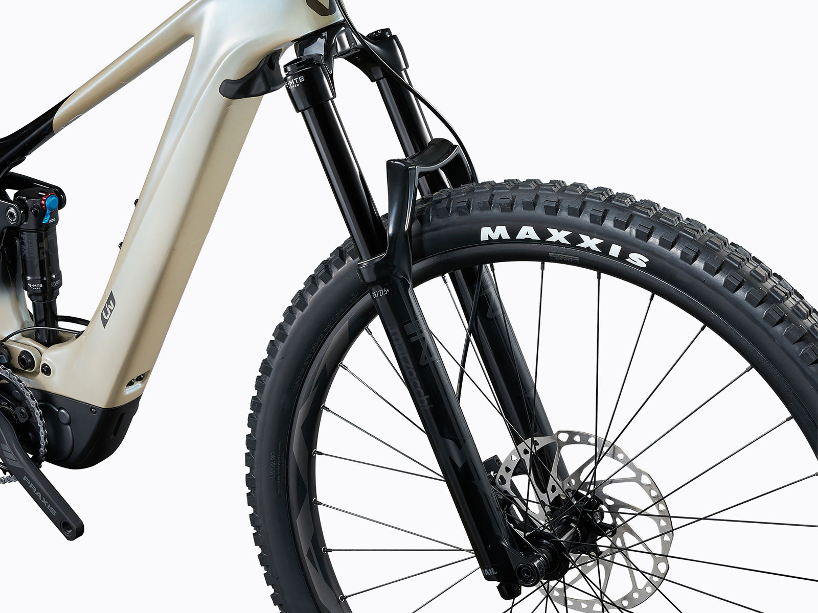 A mountain bike featuring a detailed view of its front wheel and tire, emphasizing the rugged tread for off-road performance.