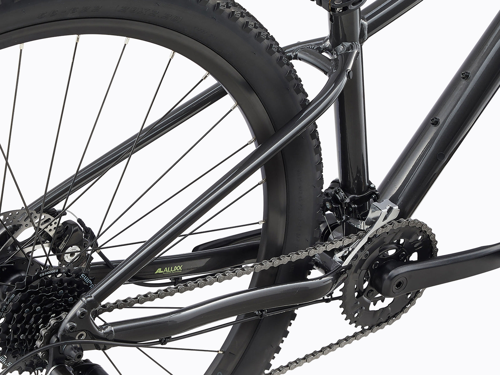 Close-up of a bicycle showcasing its chain, highlighting the intricate details of the bike's mechanics and design.