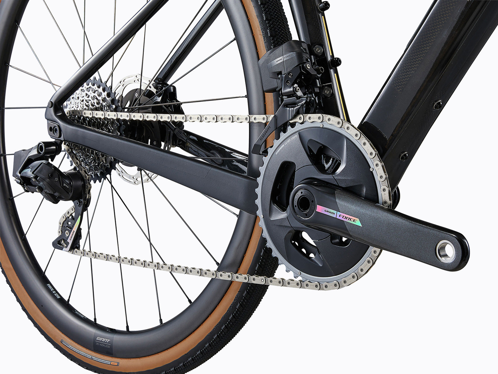 Close-up of a bicycle showcasing its chain, highlighting the intricate details of the bike's mechanics and design.