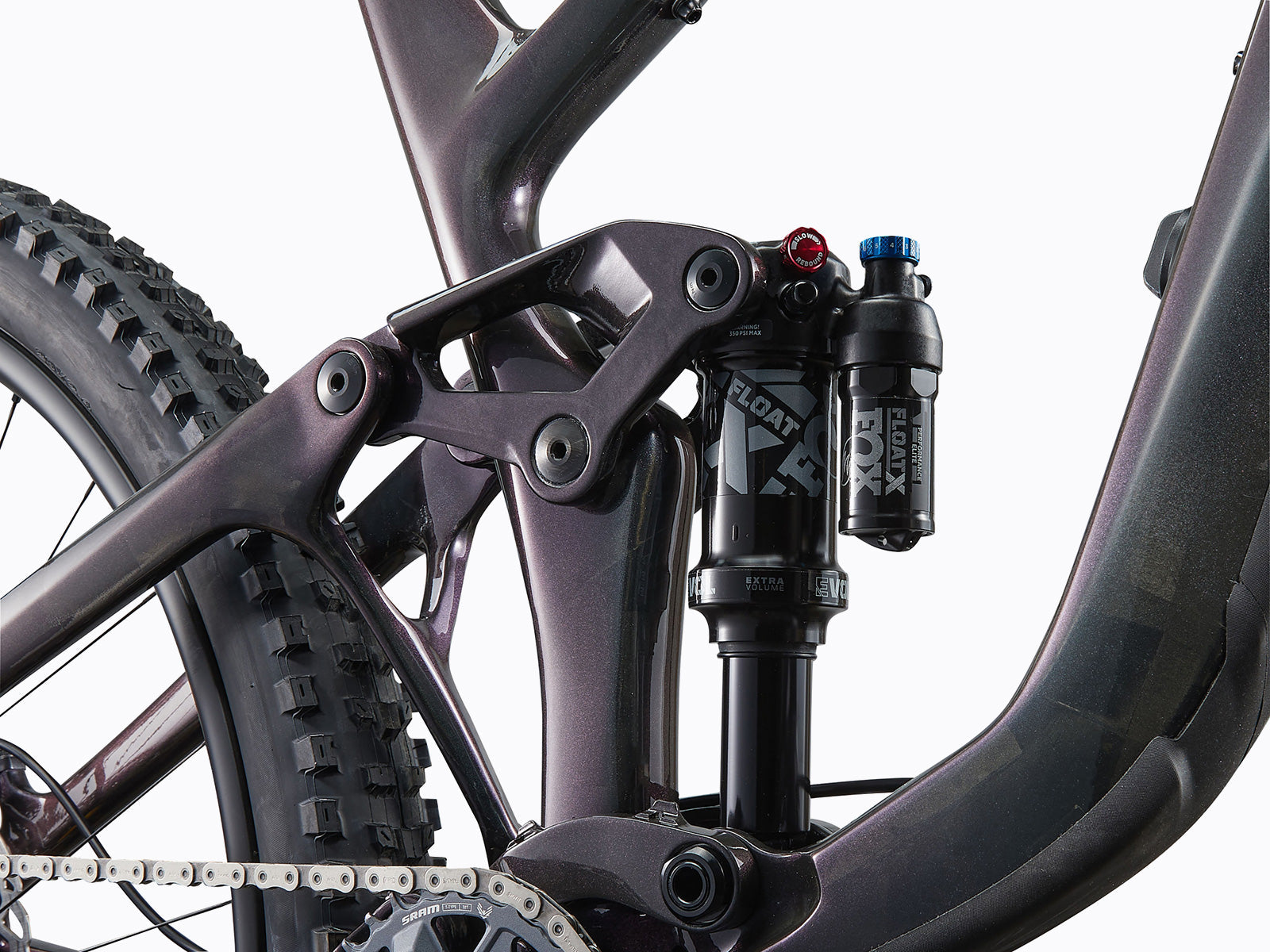 Close-up of the motor and suspension of a mountain bike