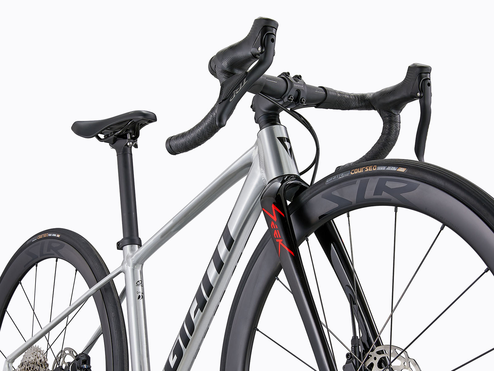 Front view of A Gray Roadbike.