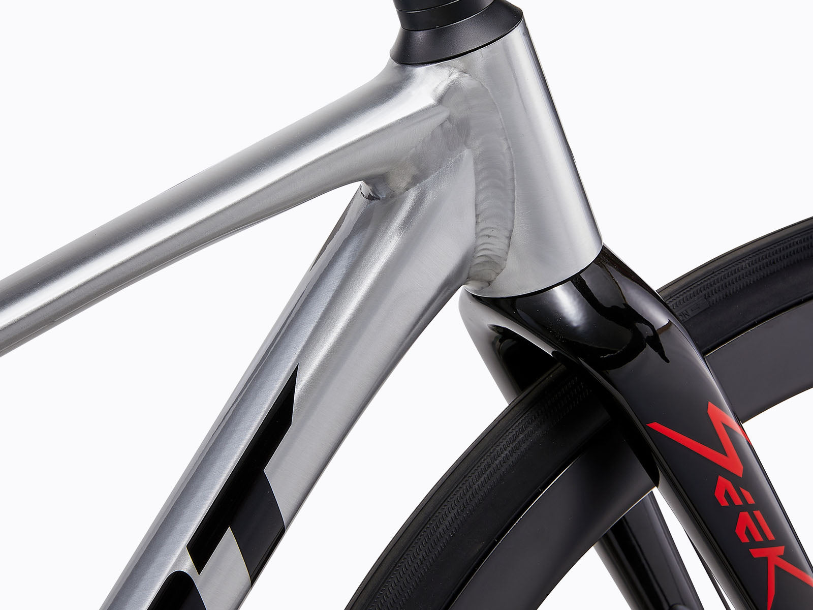 close up view of a gray bicycle's head tube.