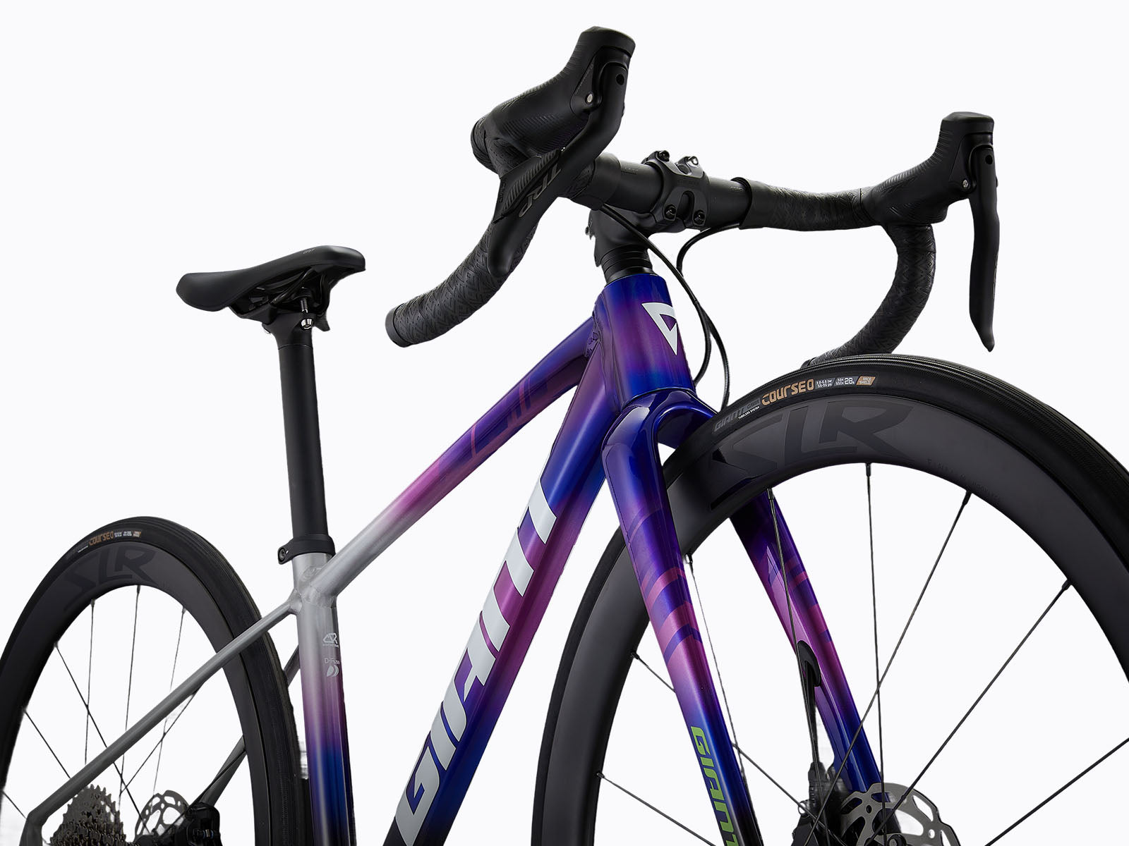 close up view of  MY26Seek1 Giant Color C Purple Storm Road bike fork.