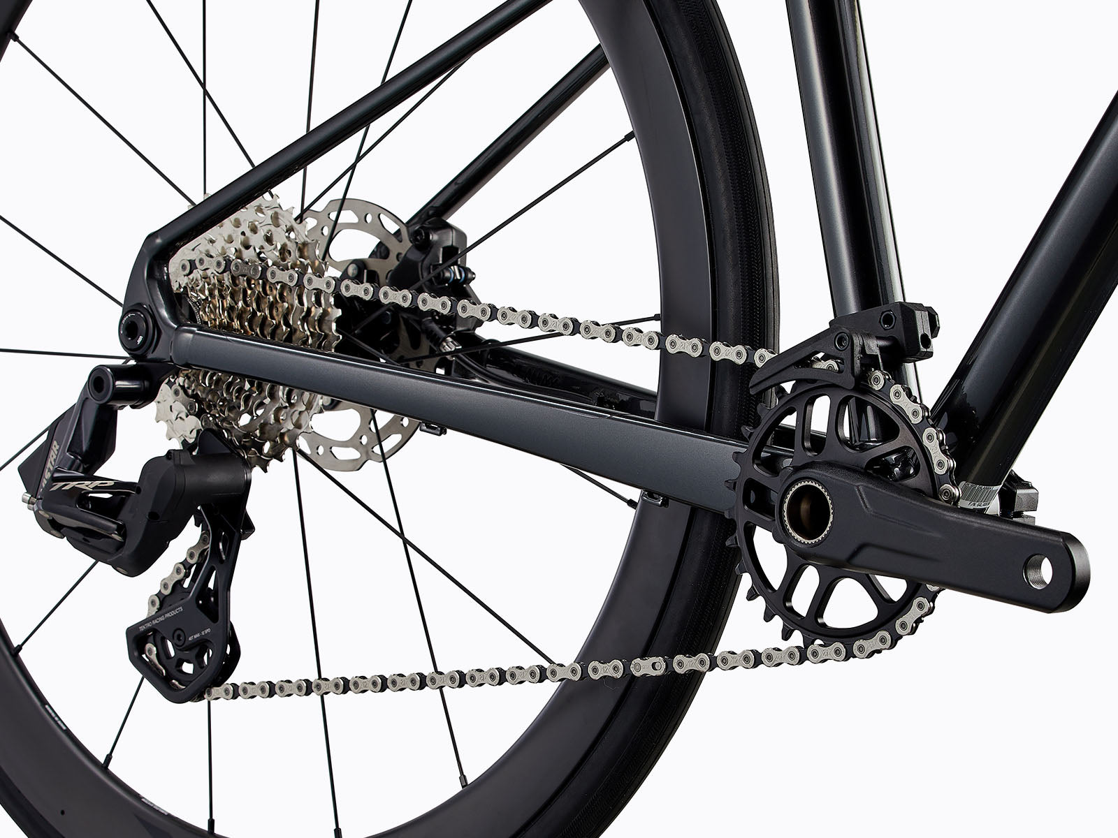 close up view of a bicycle's drivetrain.