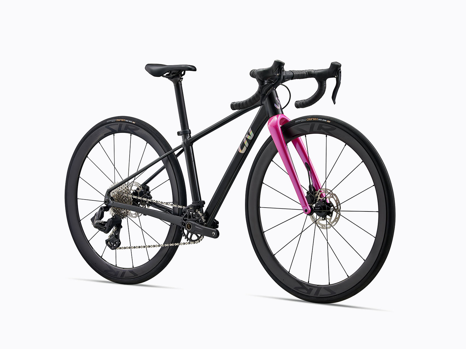 A Black road bike with pink fork.