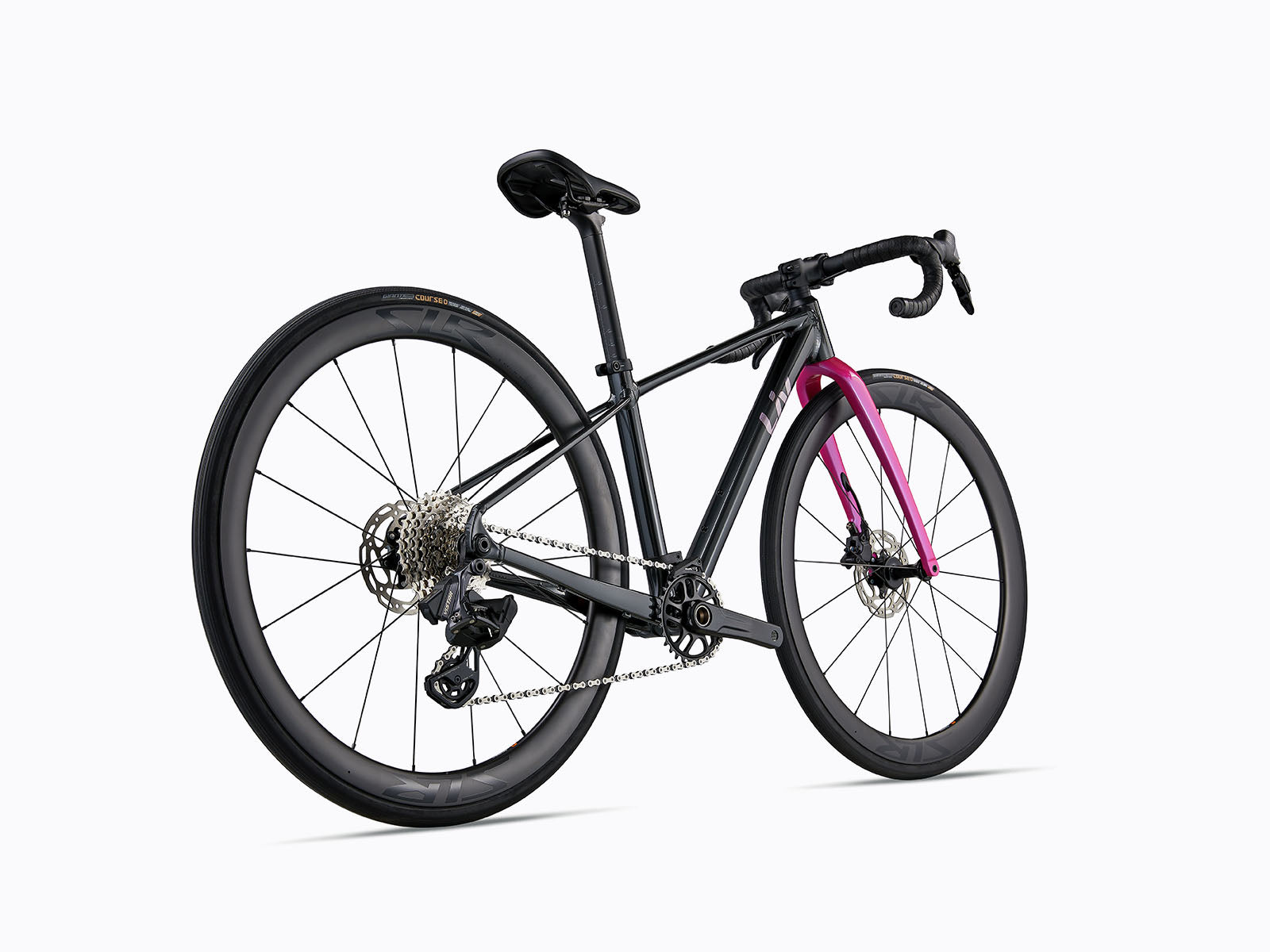A Black road bike with pink fork.