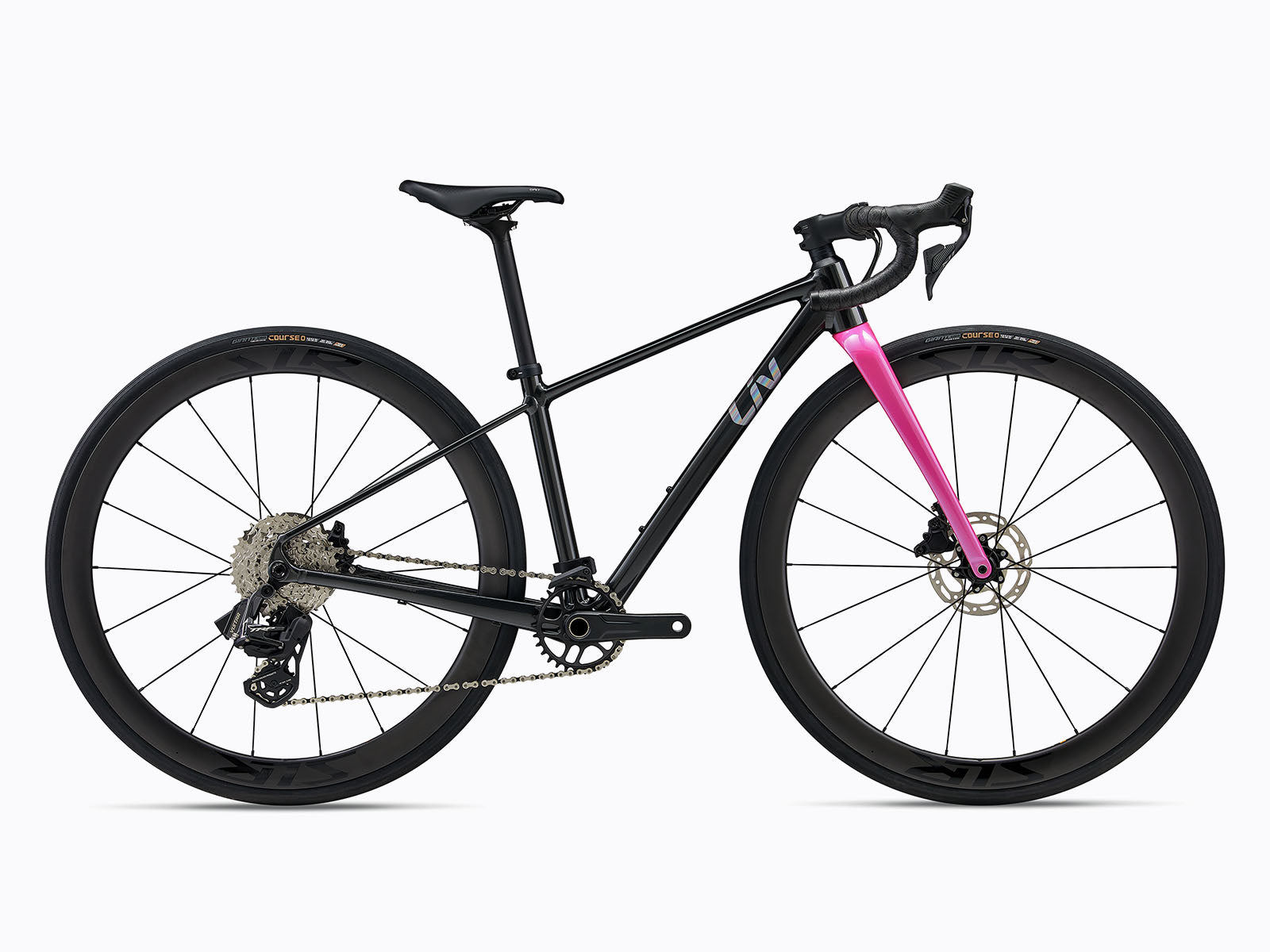 A Black road bike with pink fork.