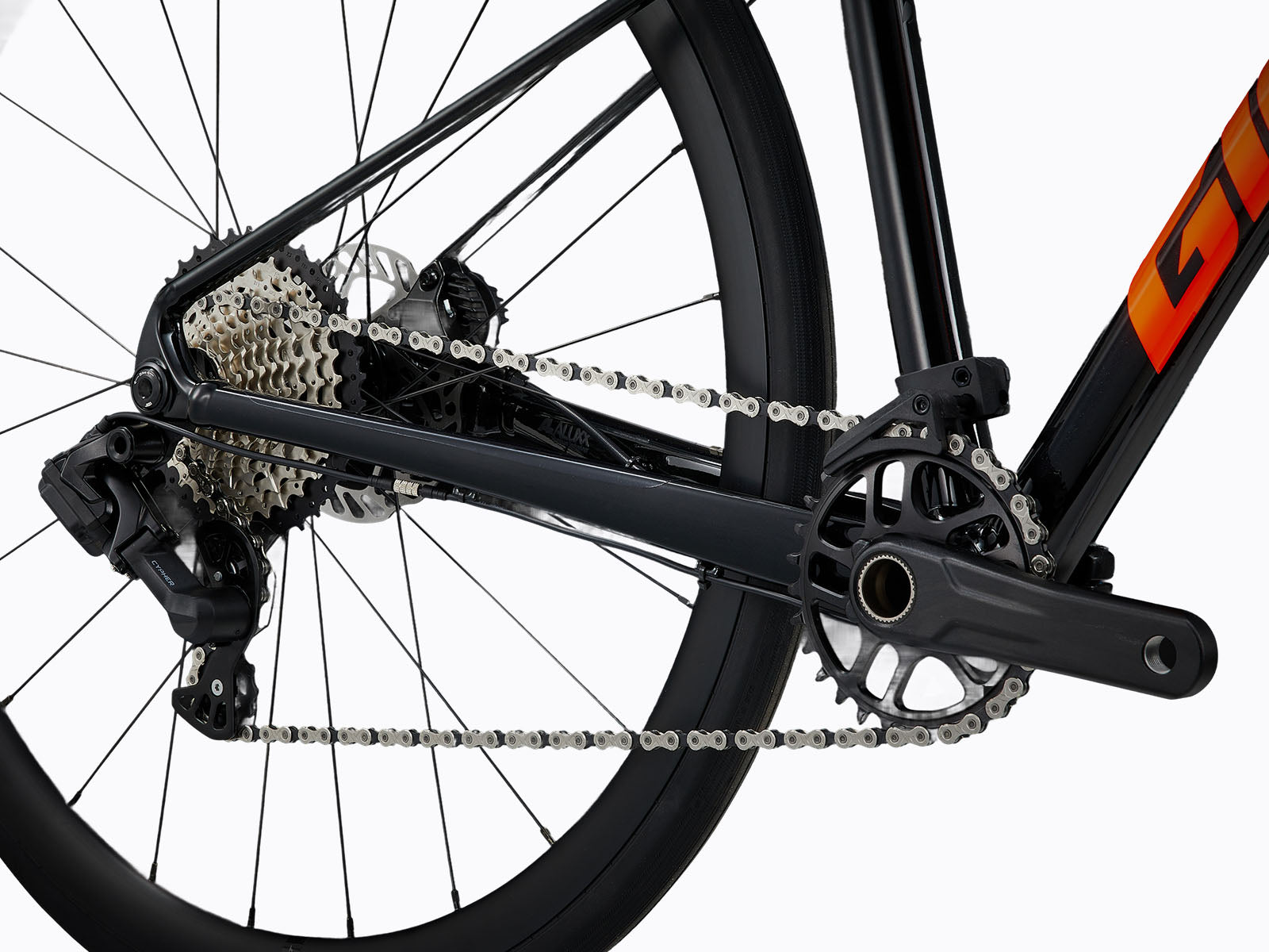 Front view of a black and orange bicycle.