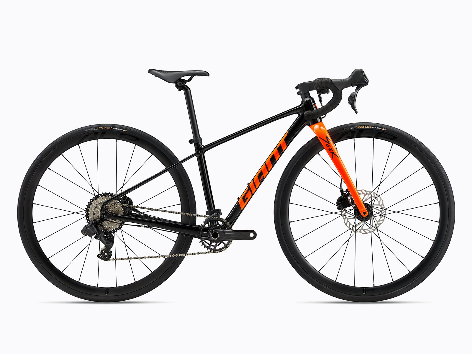 Back view of A black and orange road bike.