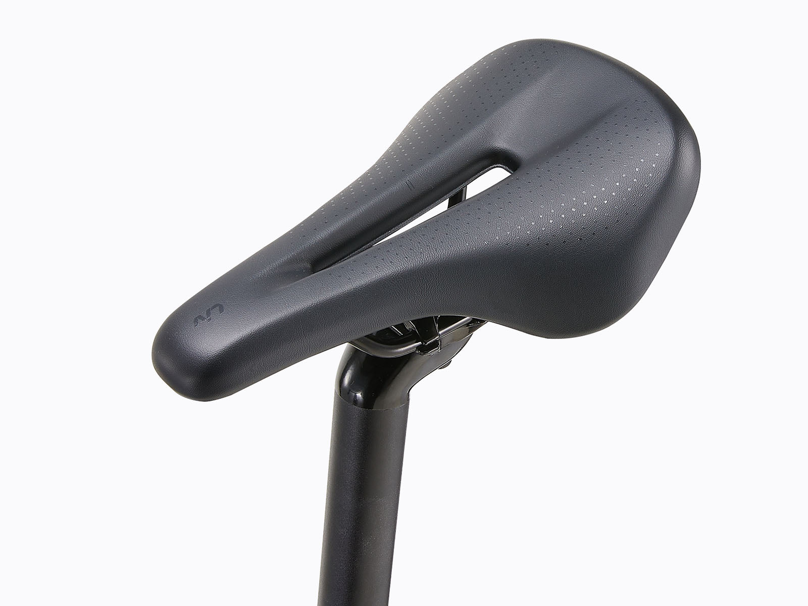 a black bicycle saddle with seat post.